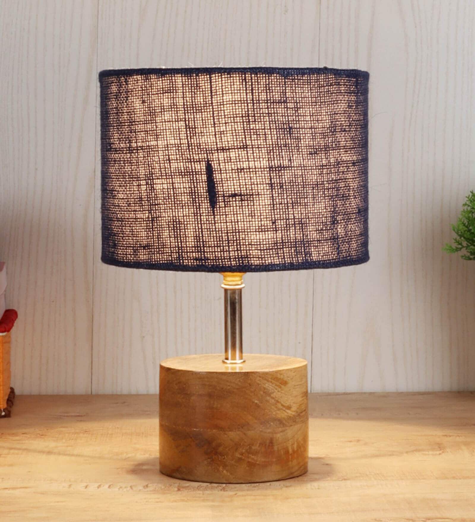 Devansh Wood Table Lamp With Blue Jute Shade
