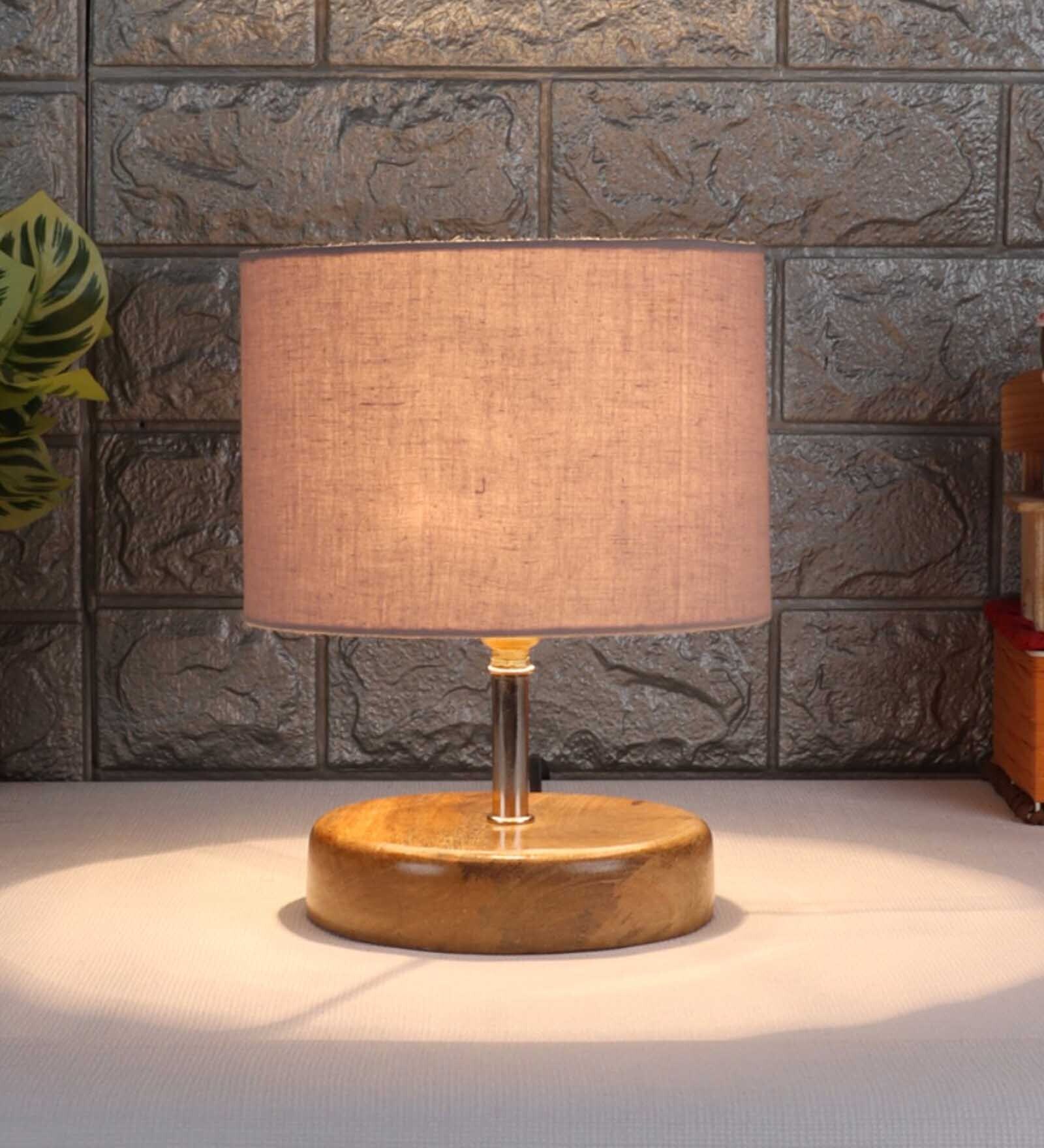 Devansh Wood Table Lamp With Grey Cotton  Shade