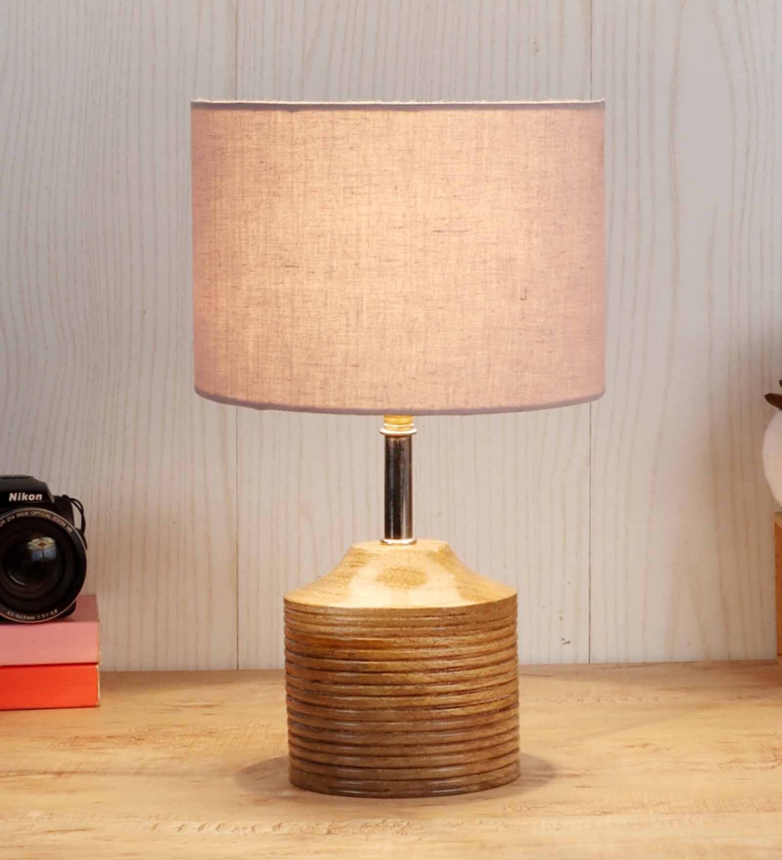 Devansh Wood Table Lamp With Grey Cotton  Shade