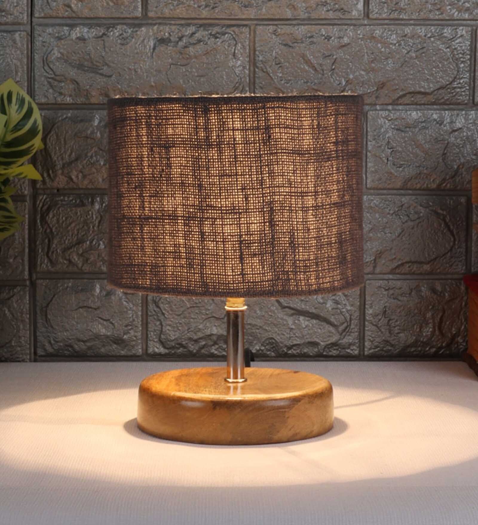 Devansh Wood Table Lamp With Grey Jute Shade