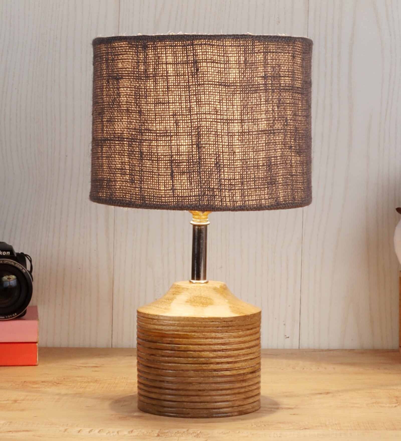 Devansh Wood Table Lamp With Grey Jute Shade