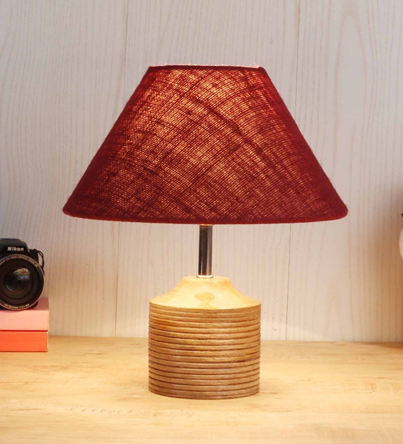 Devansh Wood Table Lamp With Maroon Jute Shade
