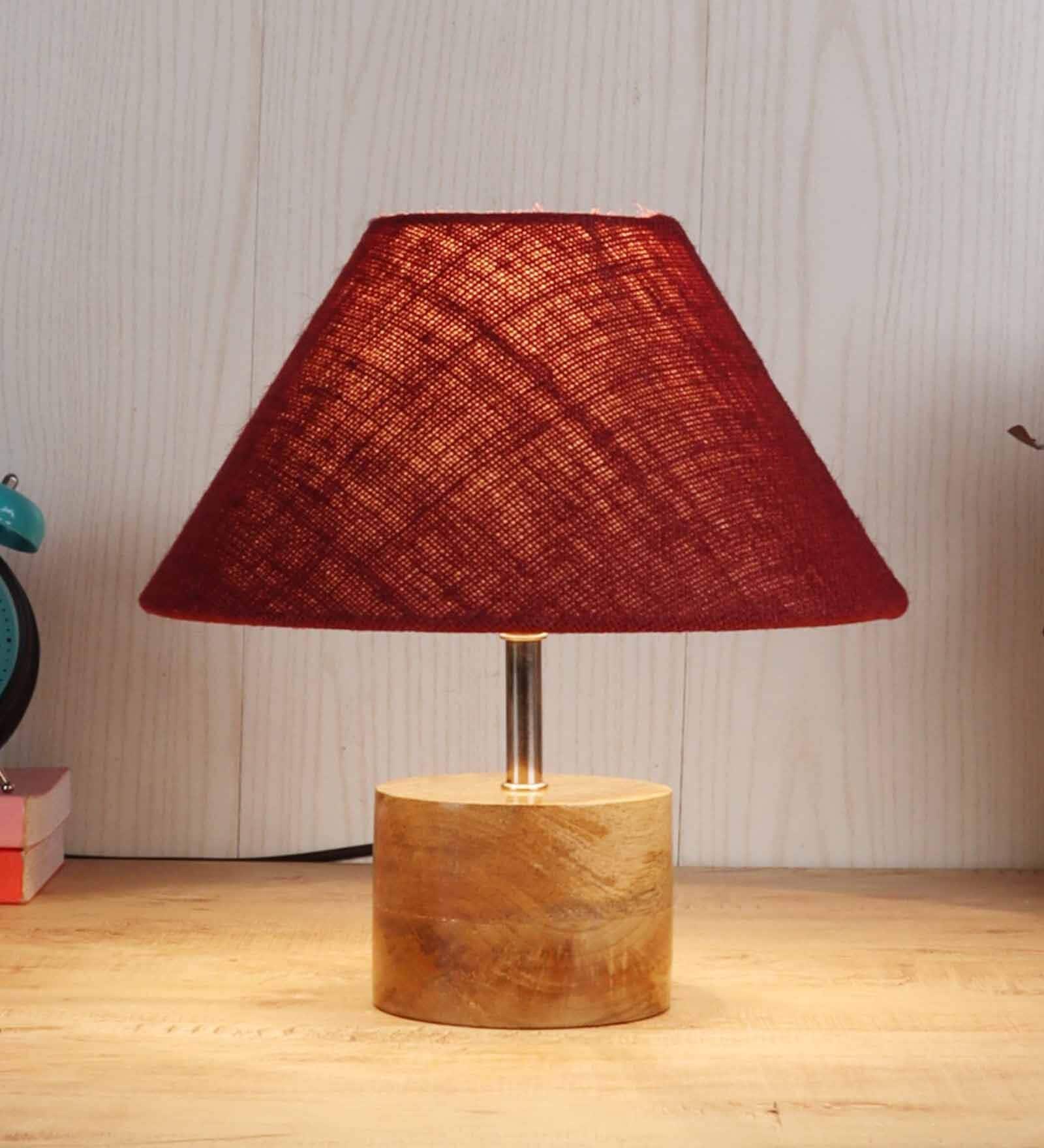 Devansh Wood Table Lamp With Maroon Jute Shade