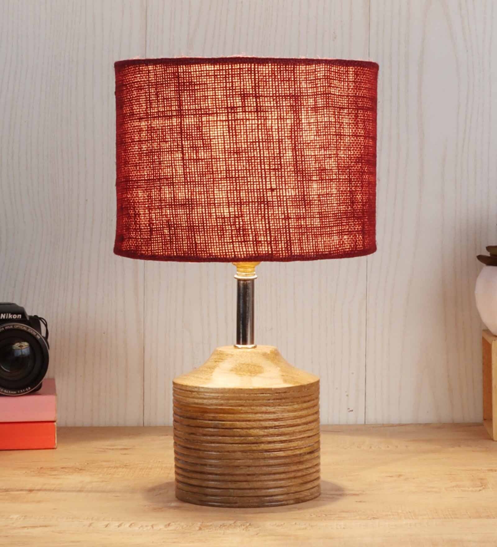 Devansh Wood Table Lamp With Maroon Jute Shade