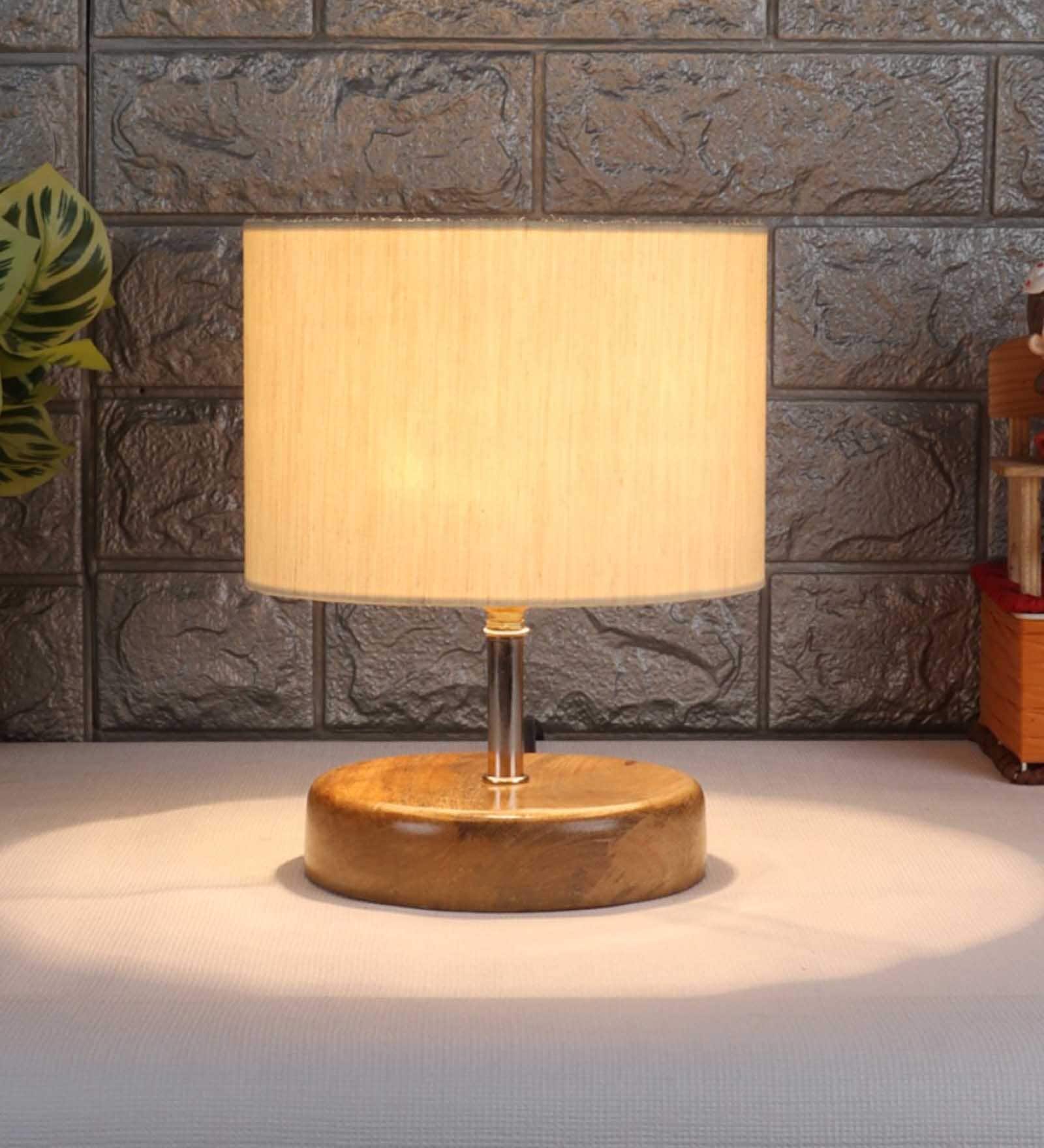 Devansh Wood Table Lamp With Off-White Cotton  Shade