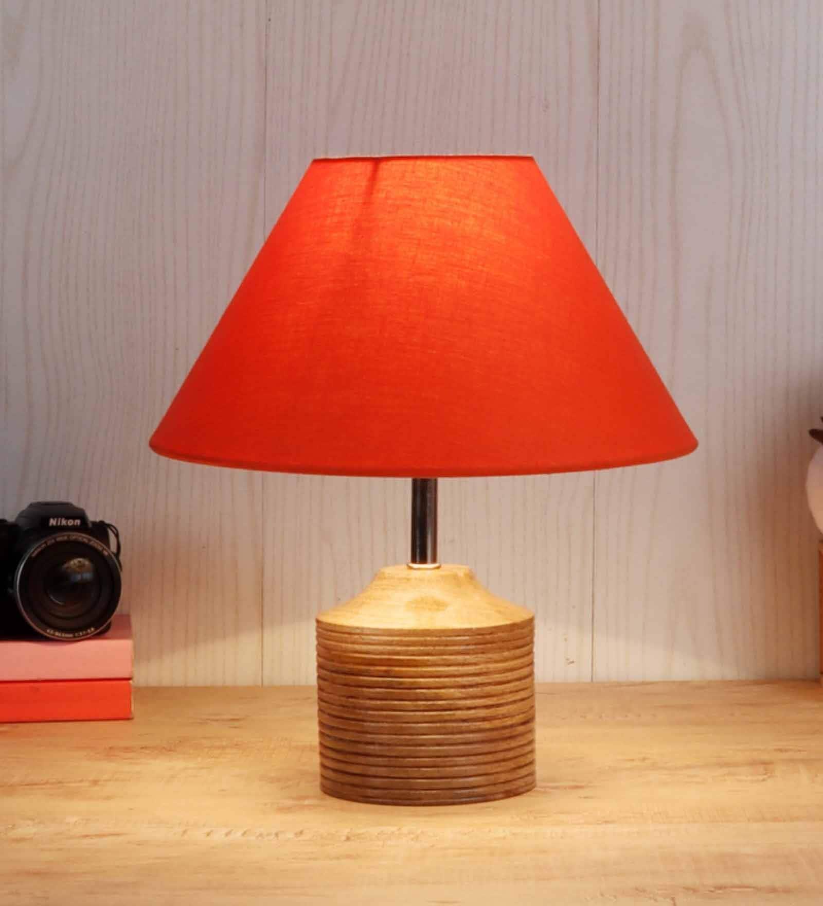 Devansh Wood Table Lamp With Orange Cotton  Shade