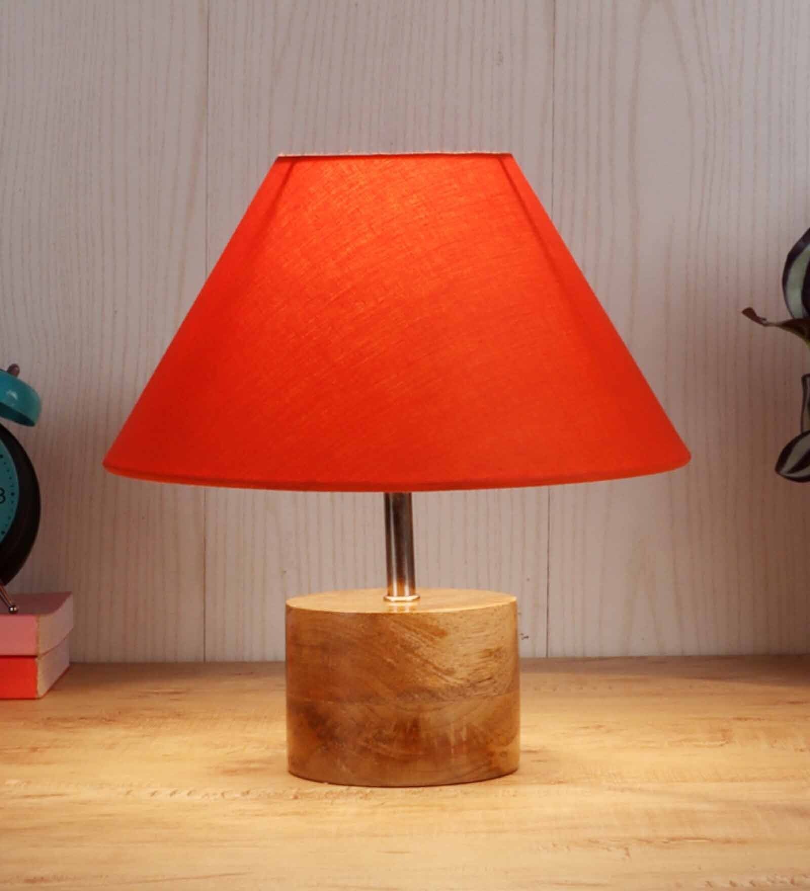 Devansh Wood Table Lamp With Orange Cotton  Shade