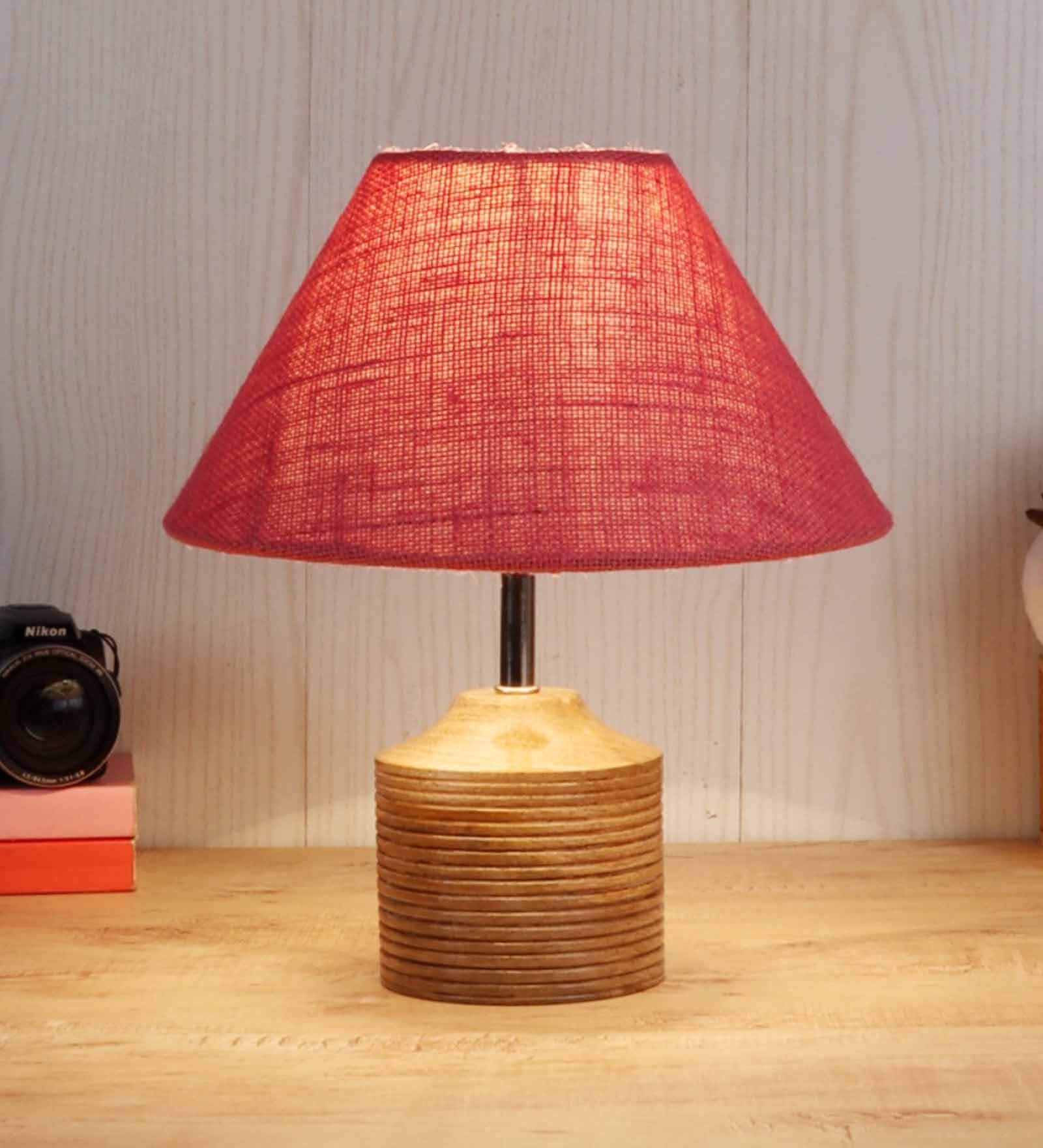 Devansh Wood Table Lamp With Pink Jute Shade