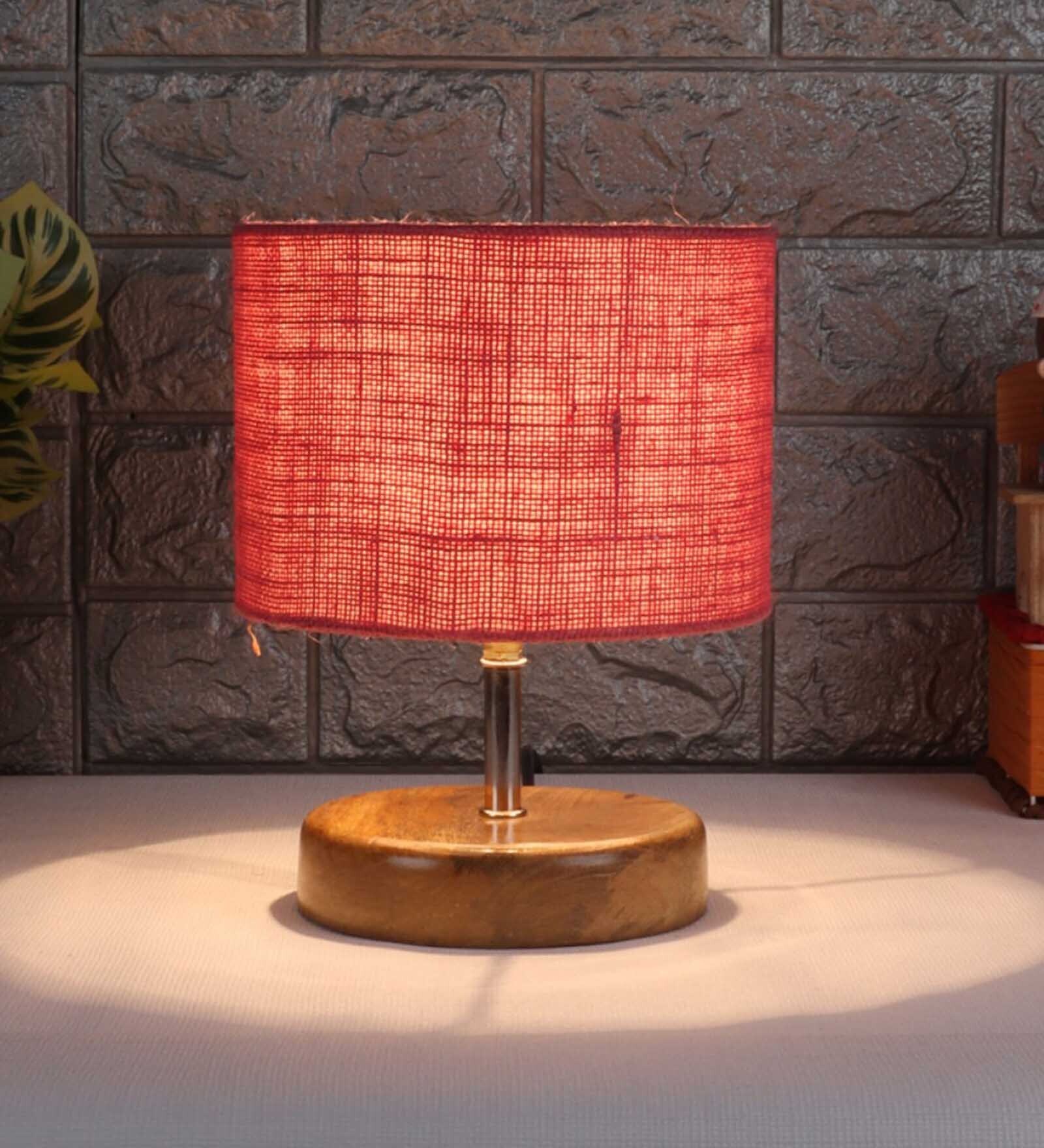 Devansh Wood Table Lamp With Pink Jute Shade