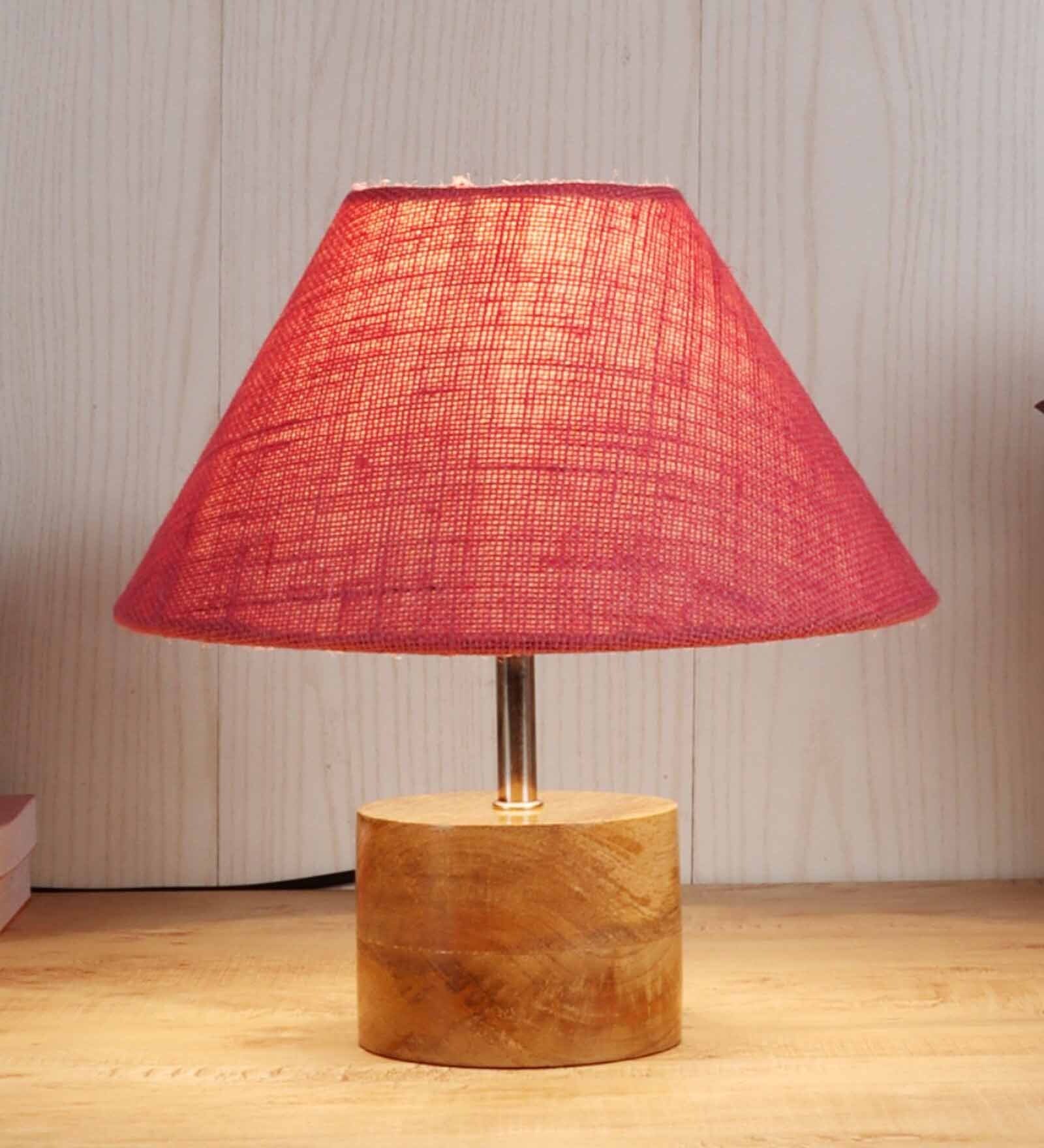 Devansh Wood Table Lamp With Pink Jute Shade