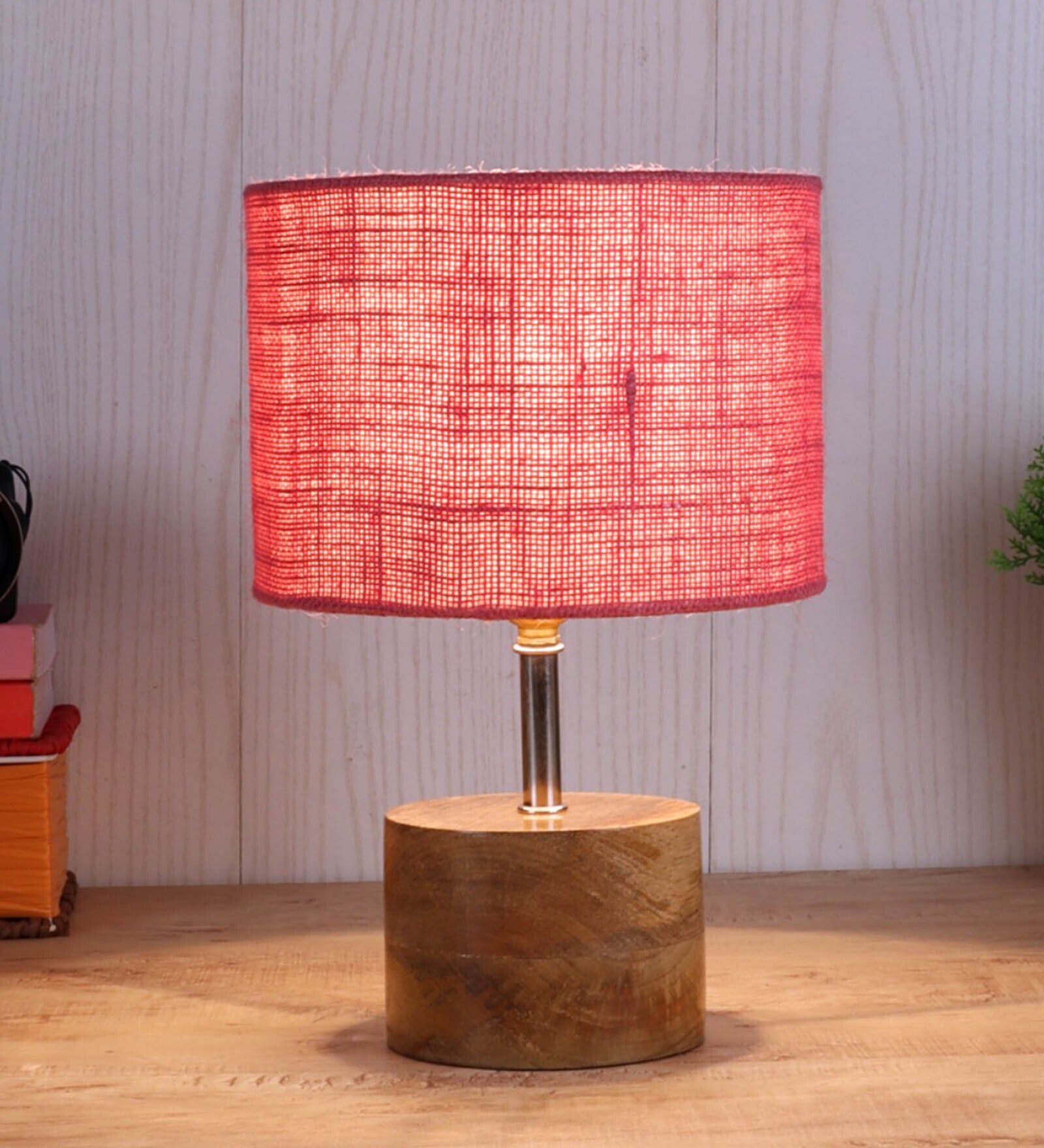 Devansh Wood Table Lamp With Pink Jute Shade