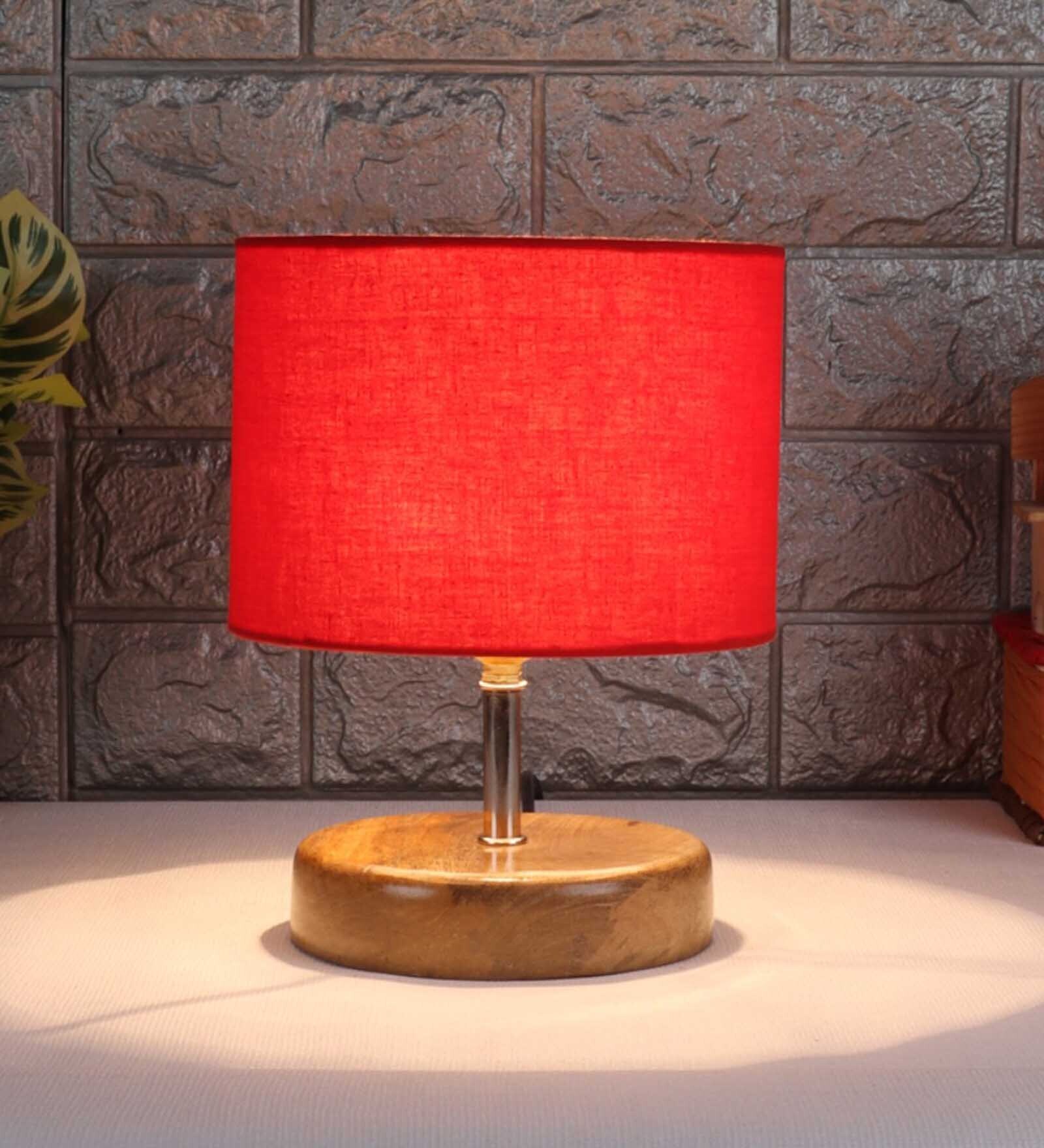 Devansh Wood Table Lamp With Red Cotton  Shade