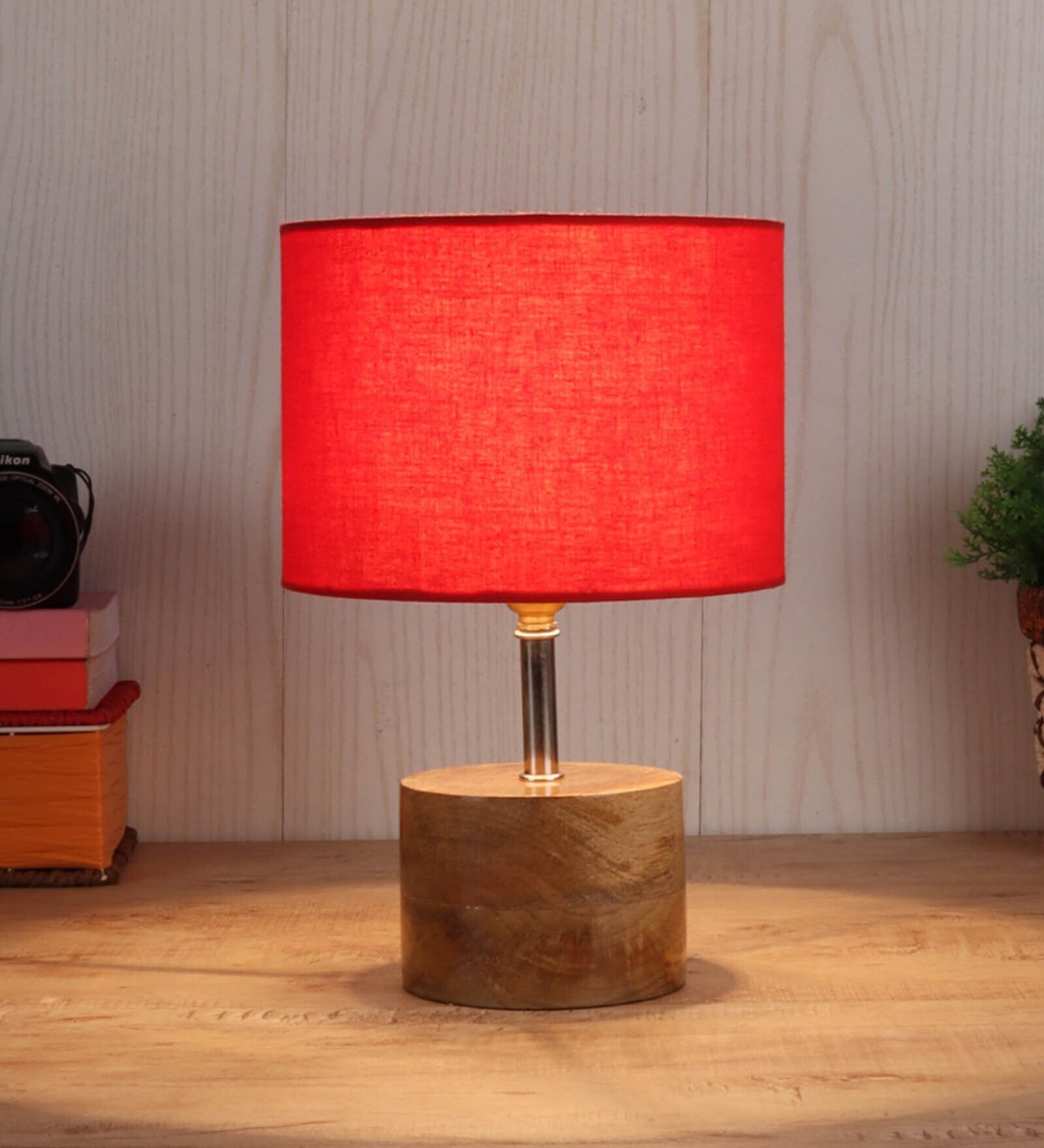 Devansh Wood Table Lamp With Red Cotton Shade