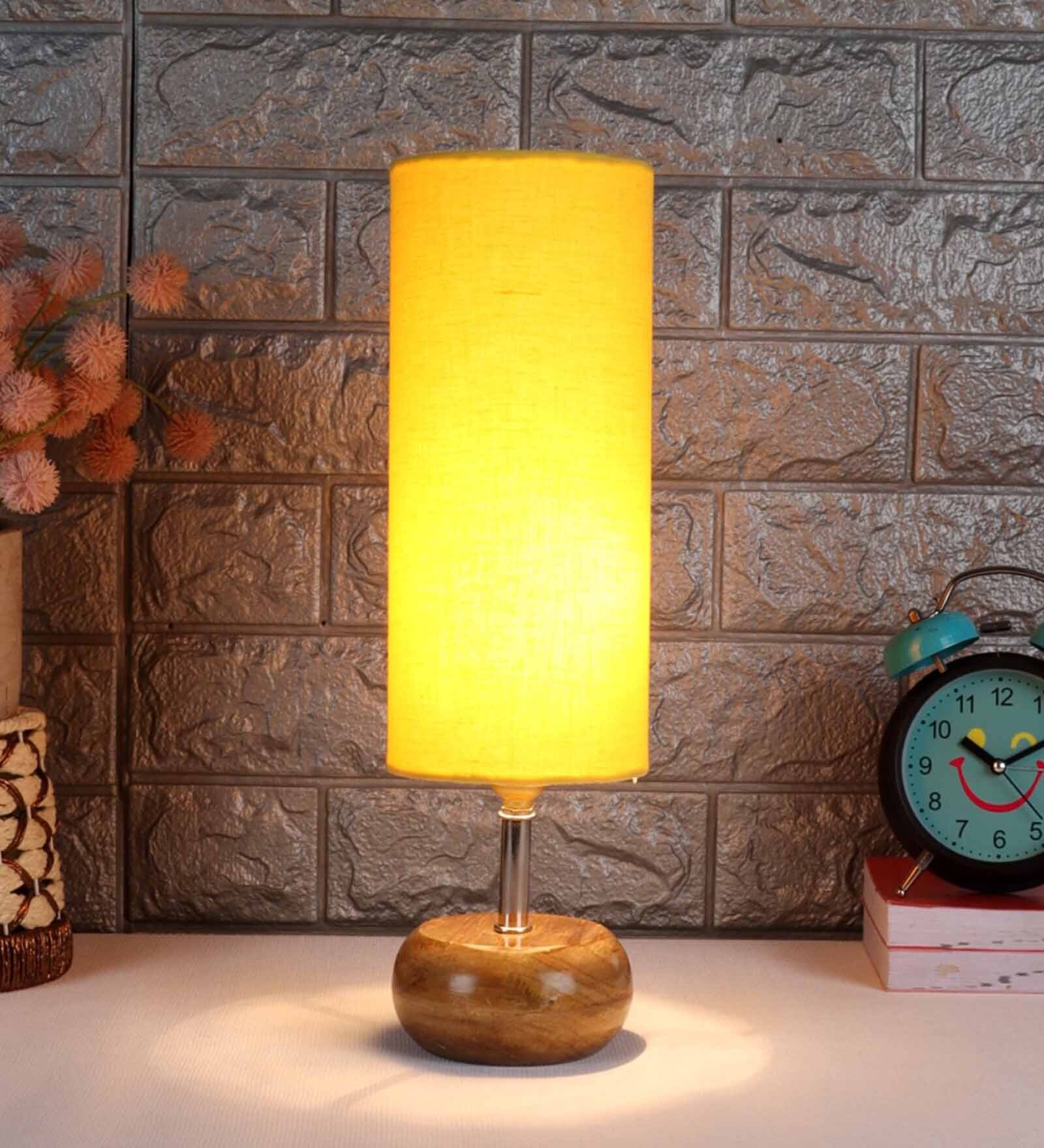 Devansh Wood Table Lamp With Yellow Cotton  Shade