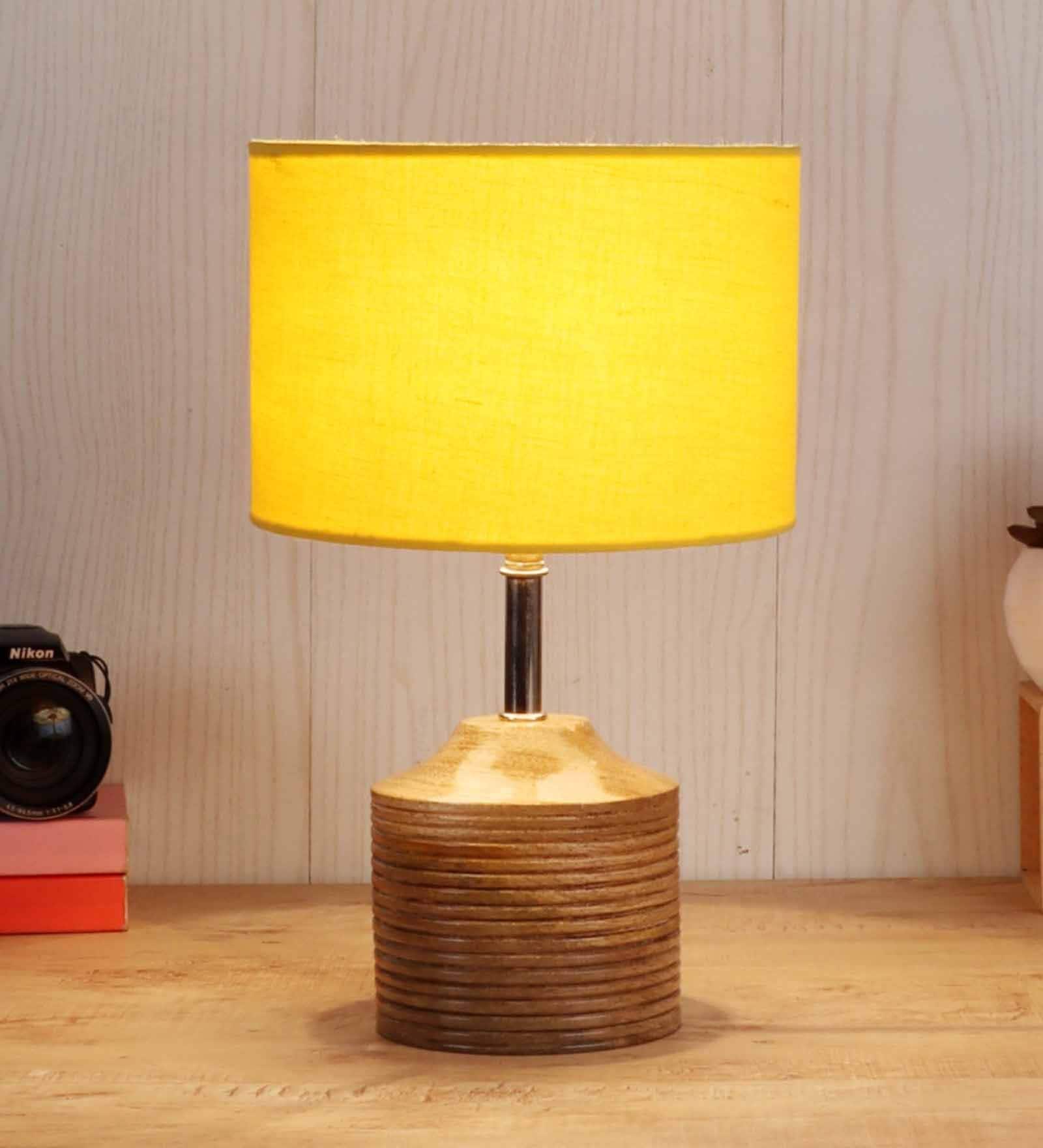 Devansh Wood Table Lamp With Yellow Cotton  Shade
