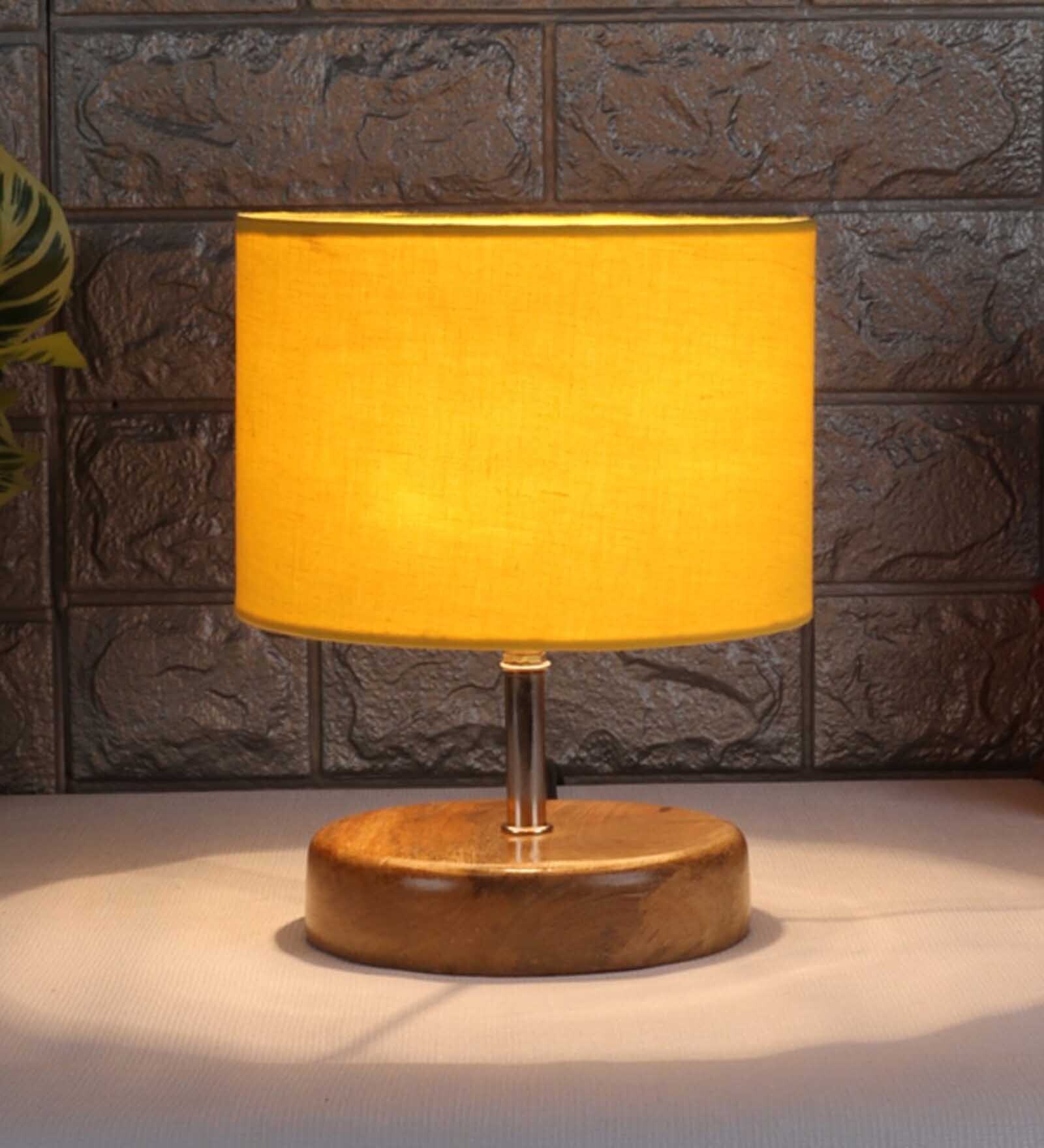 Devansh Wood Table Lamp With Yellow Cotton  Shade