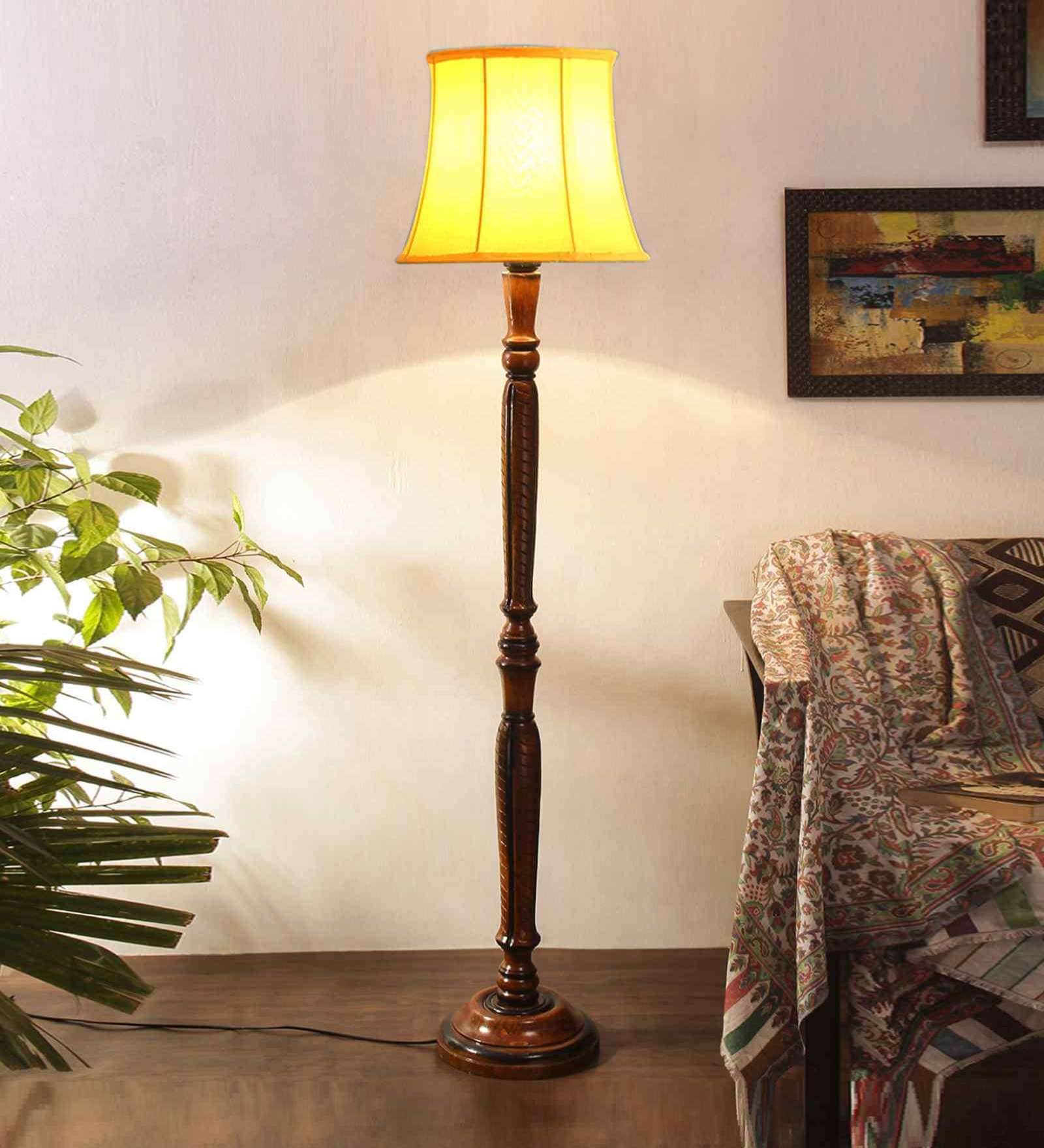 Yellow Cotton Wooden floor Lamp