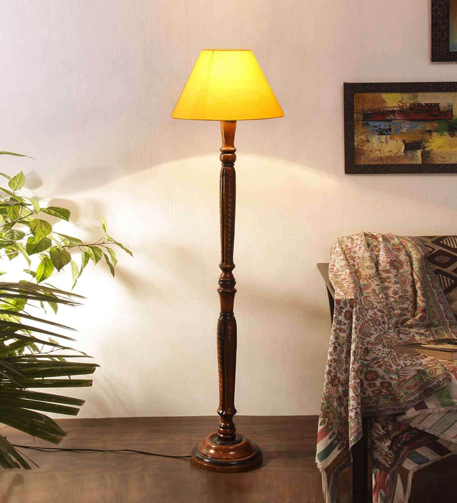Yellow cotton conical wooden floor lamp