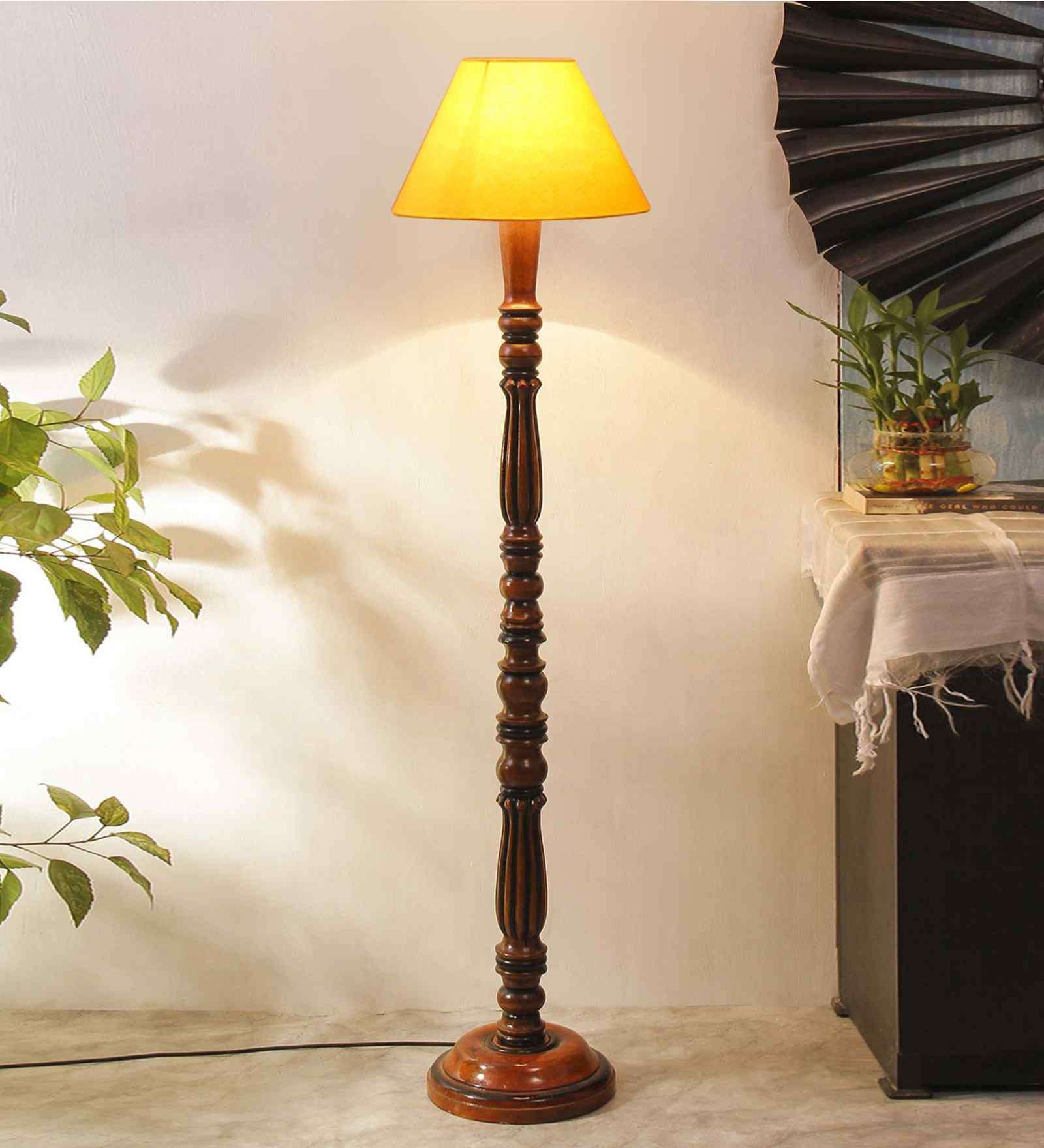 Yellow cotton conical wooden floor lamp