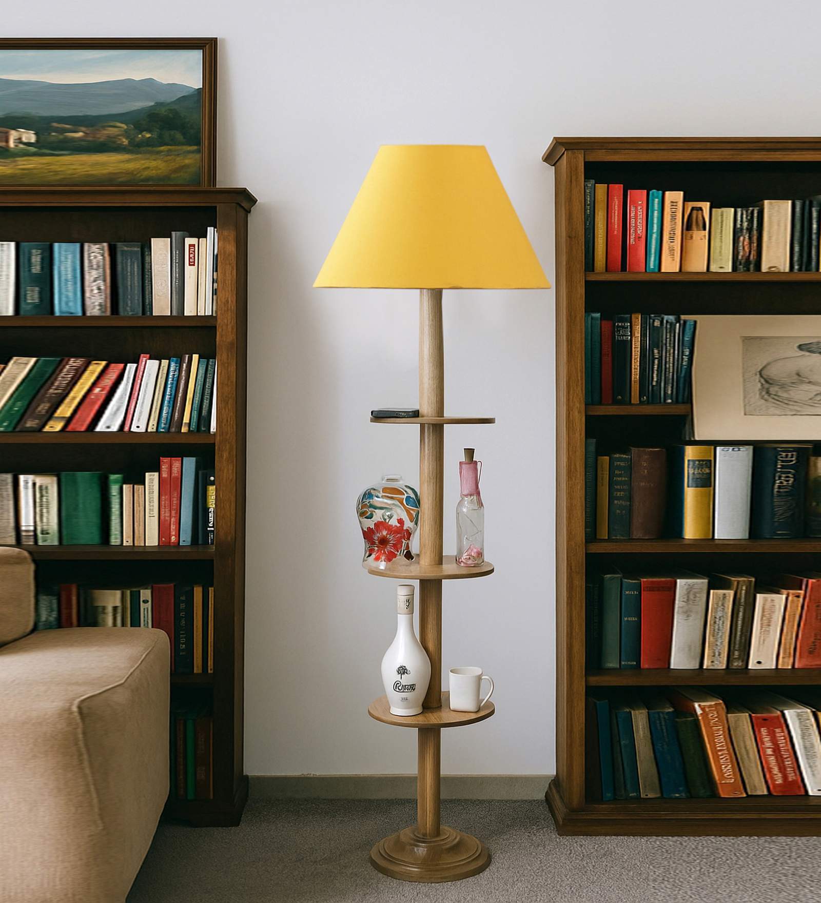 Devansh Yellow cotton Drum shade with   floor lamp with wood base .-