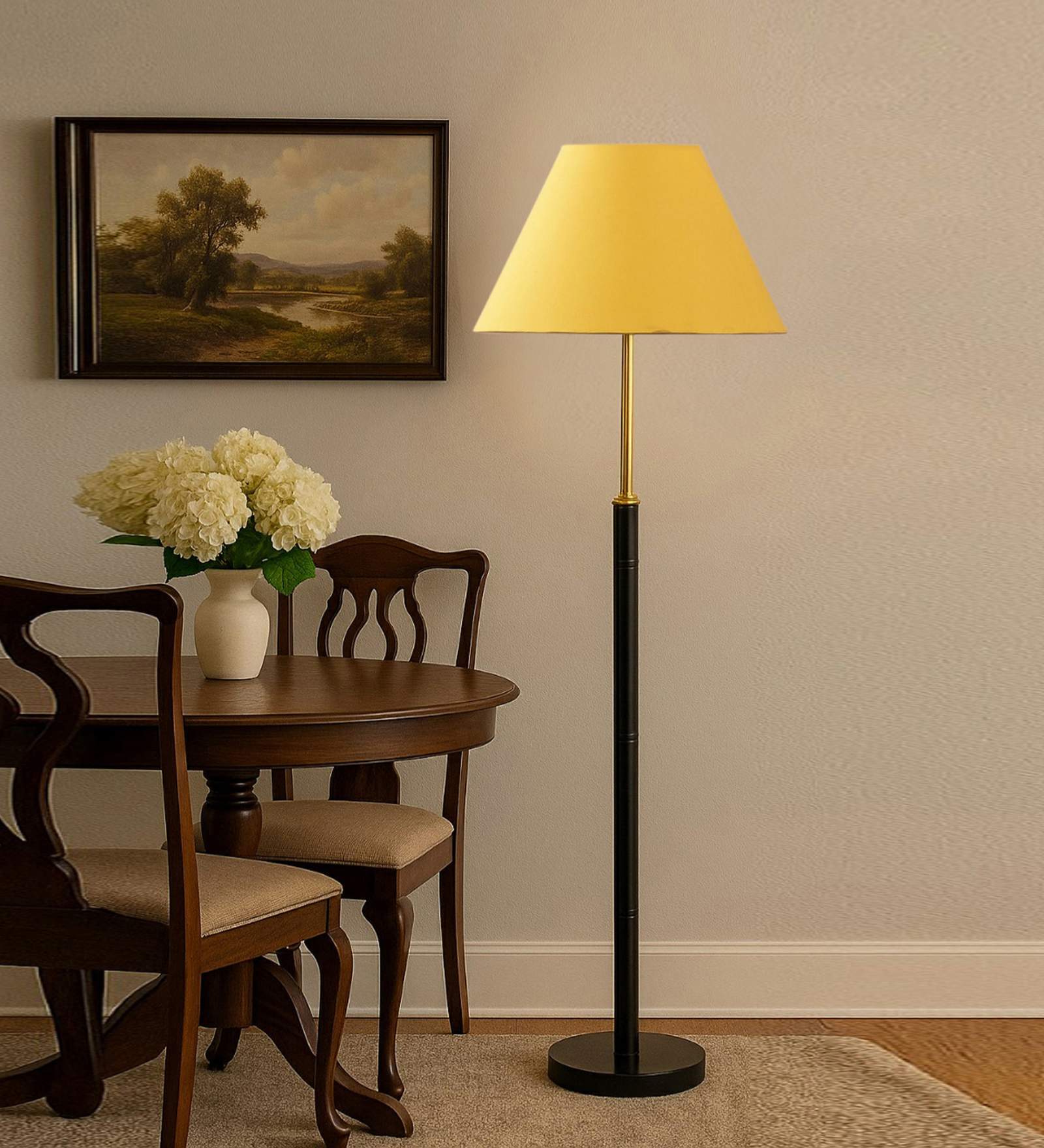 Devansh Yellow cotton Drum shade with   floor lamp with wood base .-