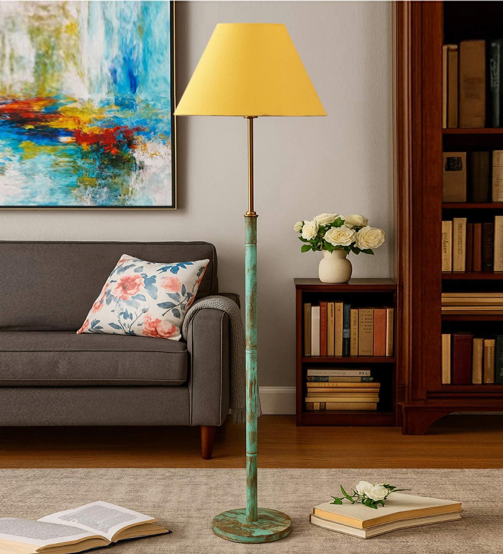 Devansh Yellow cotton Drum shade with   floor lamp with wood base .-