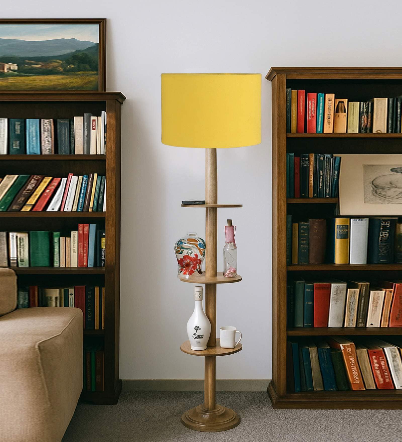 Devansh Yellow cotton Drum shade with   floor lamp with wood base