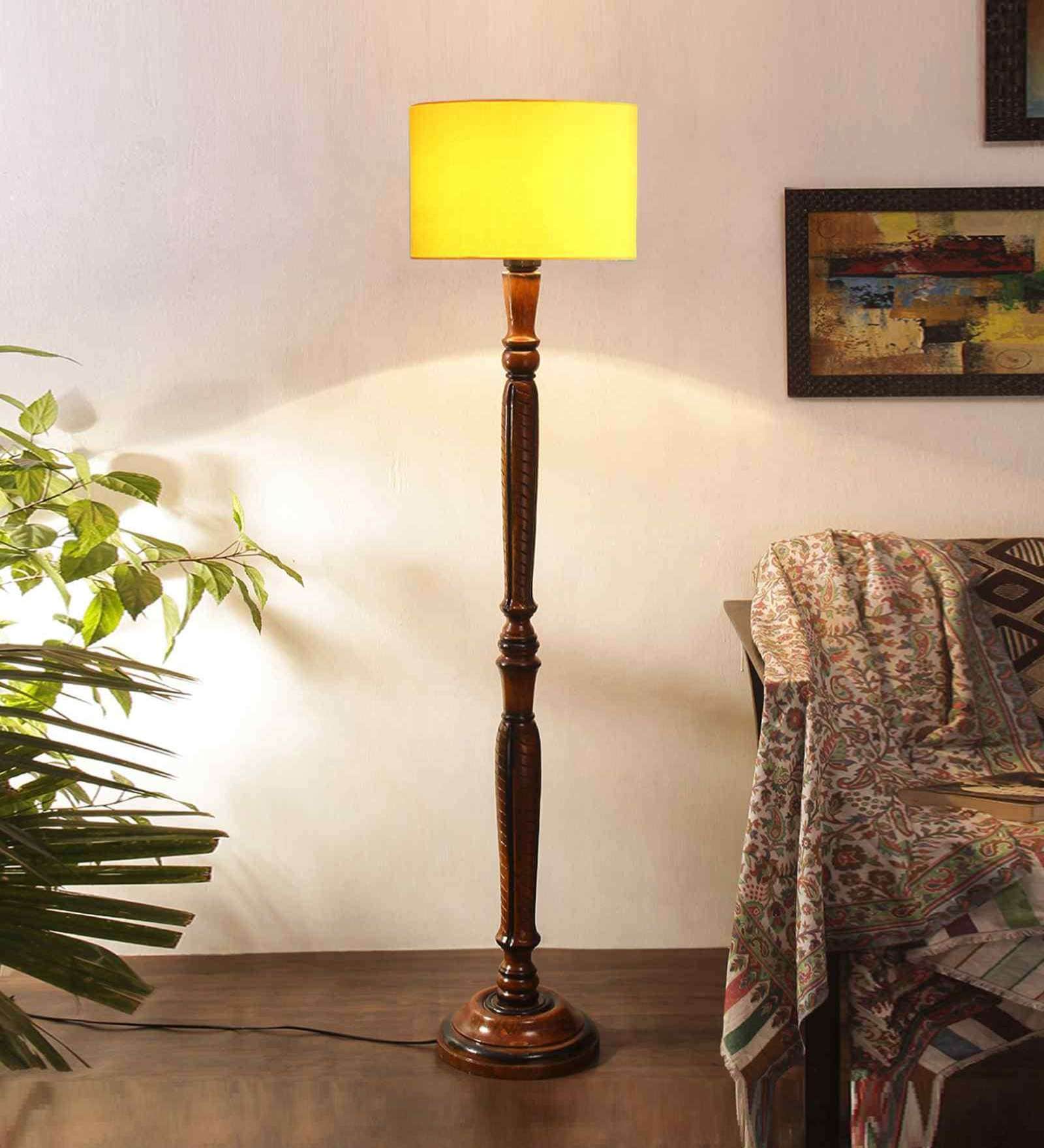 Yellow Cotton Wooden floor Lamp
