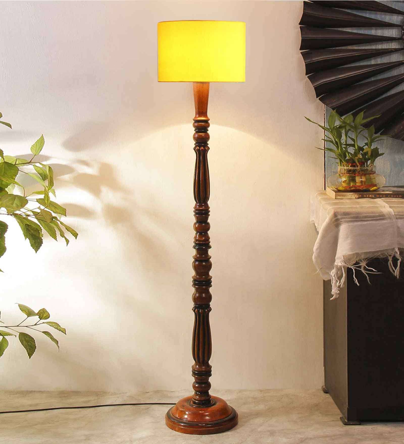 Yellow Cotton Wooden floor Lamp