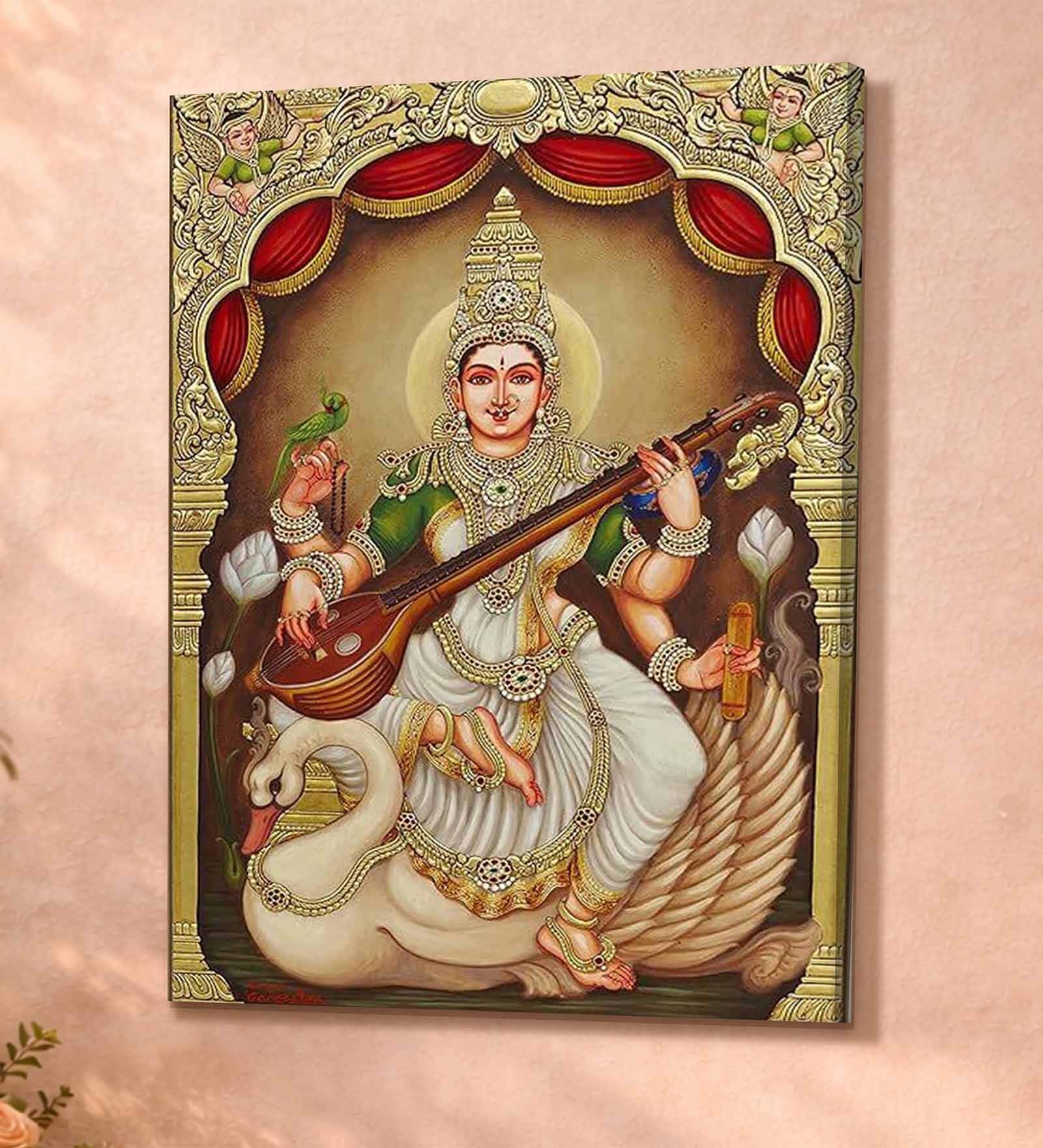 Devi Saraswati Tanjore Stretched Canvas Painting