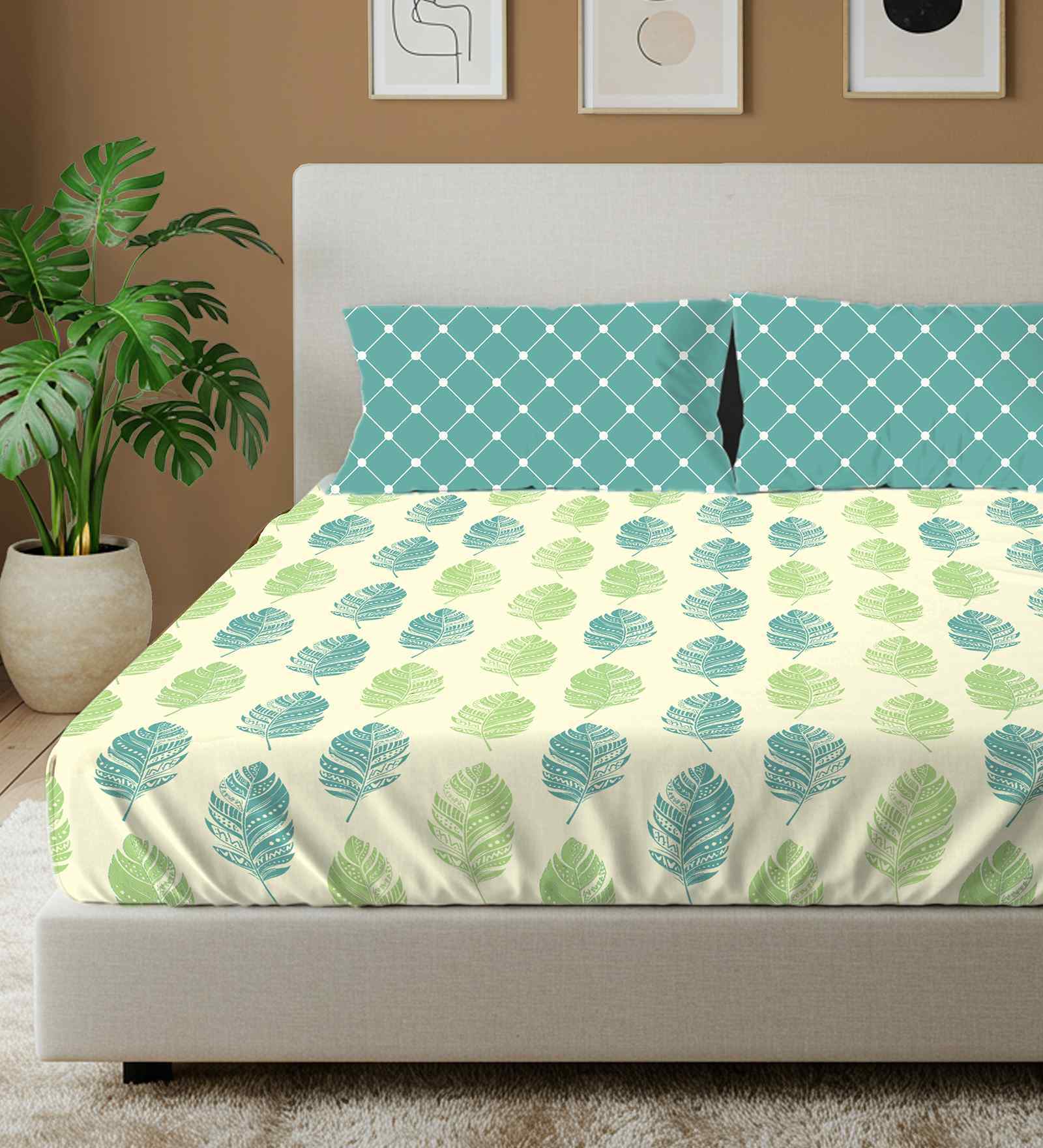 Dew Teal Floral 144 Tc Cotton Double Bedsheet With 2 Pillow Covers