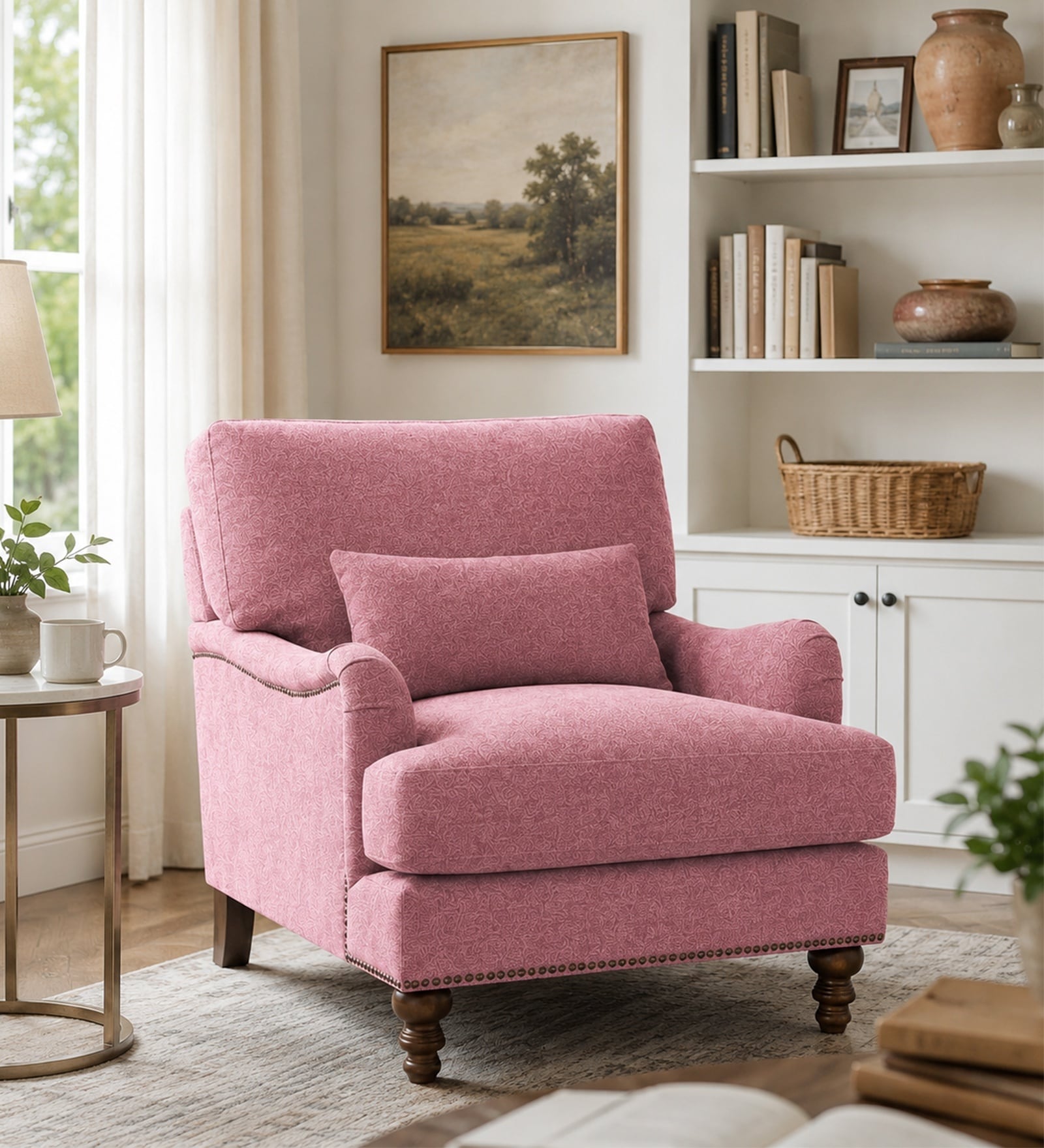 Dexter Walnut Finish Boucle Fabric Lounge Chair In Pink Colour