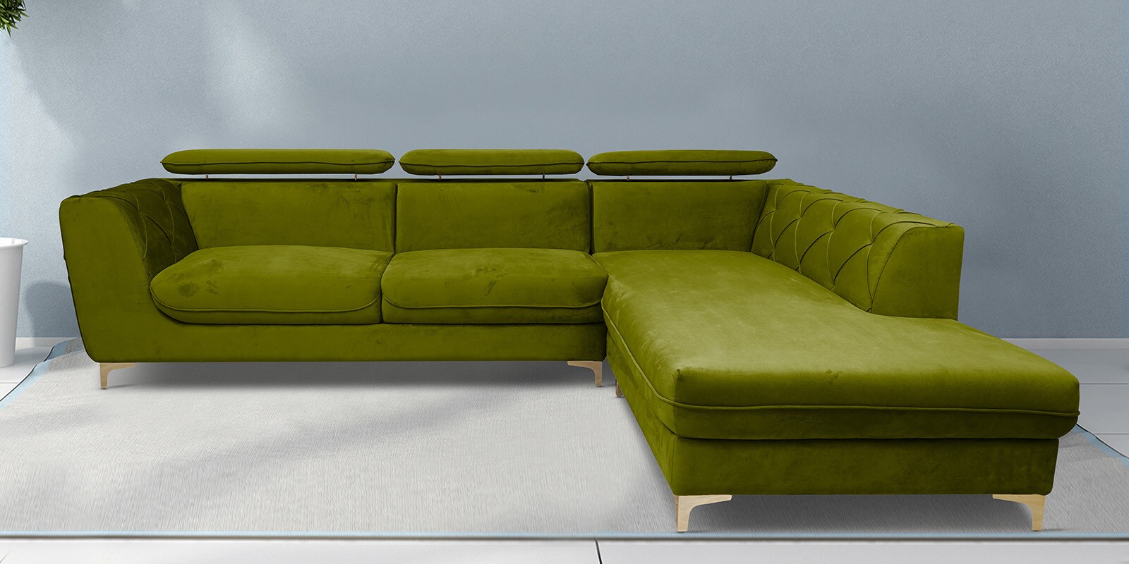 Dellara Velvet LHS Sectional Sofa in Lime Green Colour