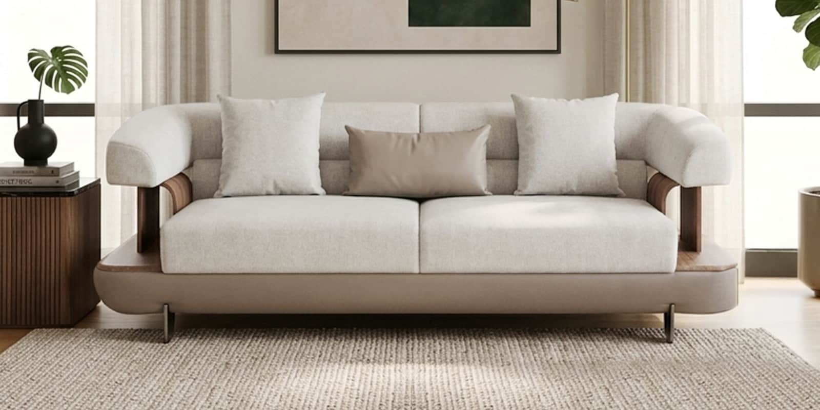 Denali 3 Seater Sofa In White And Brown Color
