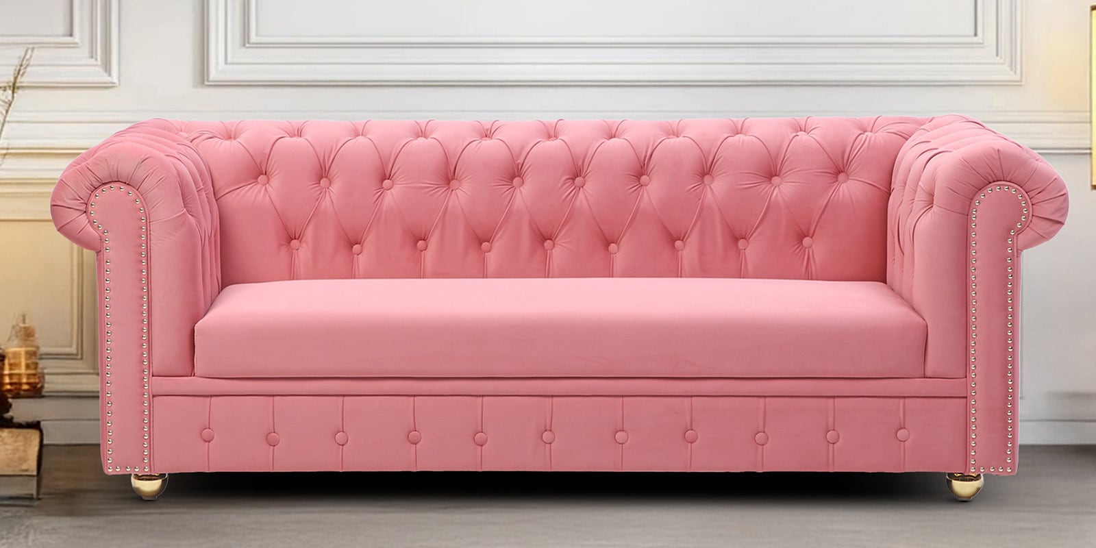 Derby Velvet Fabric 3 Seater Sofa in Blush Pink Color