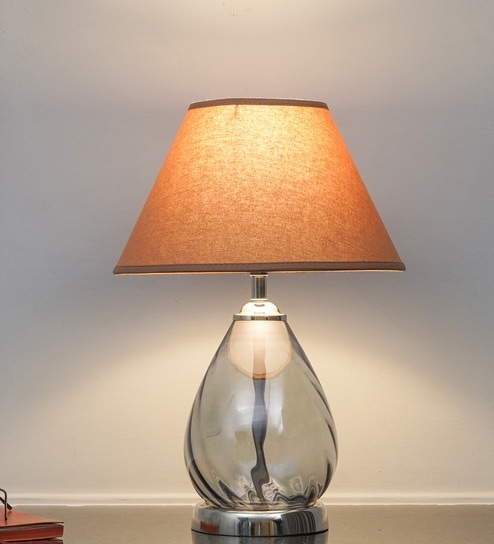 Decade Blue Luster Glass And Metal Table Lamp With Beige Cotton Shade