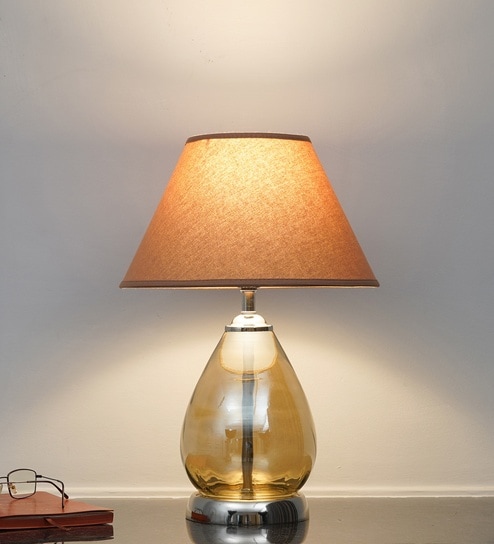 Decade Smoke Luster Glass And Metal Table Lamp With Beige Cotton Shade