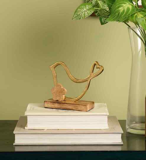 Decorative Aluminium Bird Showpiece With Wooden Base