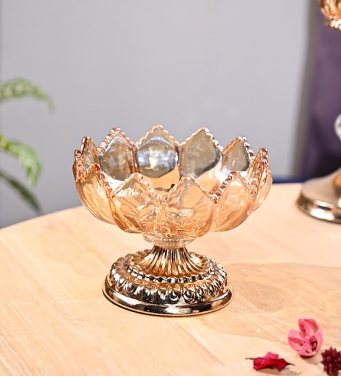 Golden Decorative Glass Bowl With Lotus Design