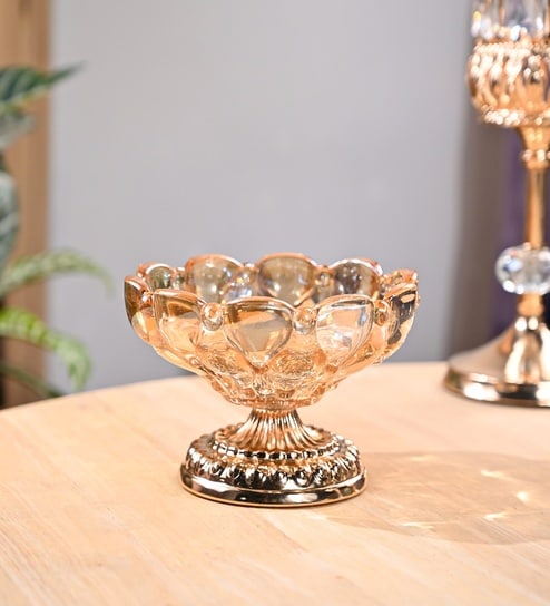 Golden Decorative Glass Bowl With Lotus Design