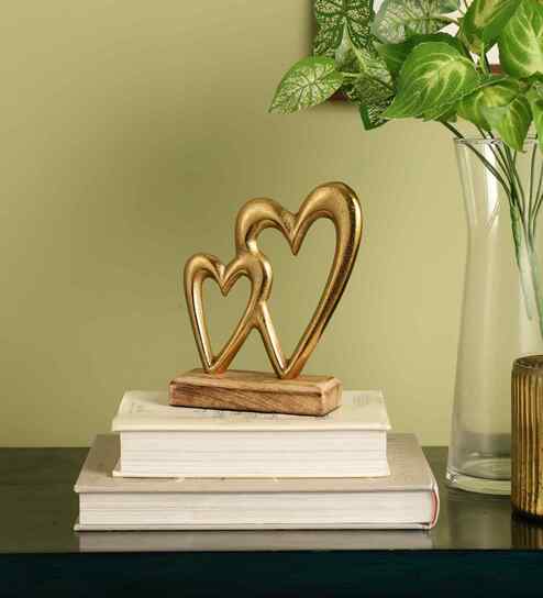 Decorative Aluminium Double Heart Showpiece With Wooden Base