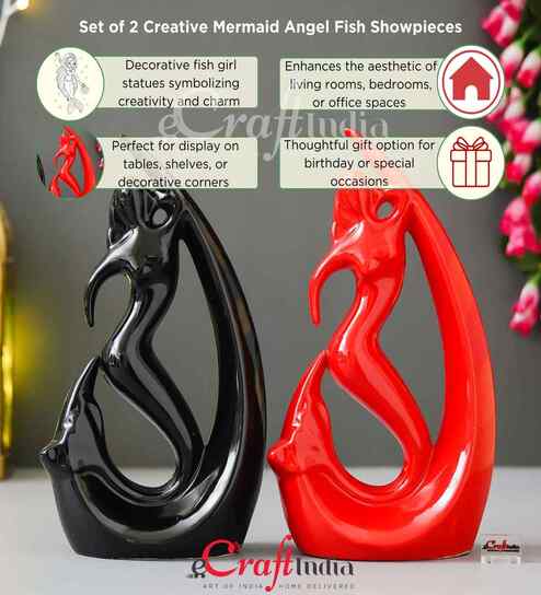 Decorative Fish Girl Statues| Fish Angels Showpieces| Creative Mermaid Angel Fish Idols (Set of 2 Black Red)| Home Decor Items for Living Room Bedroom Hall Office Hotel| Gifts for Birthday