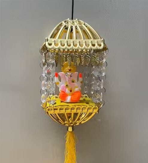 Decorative Ganesha Lamp with Hanging Crystal Beads Metal/Glass Lamp (Golden)