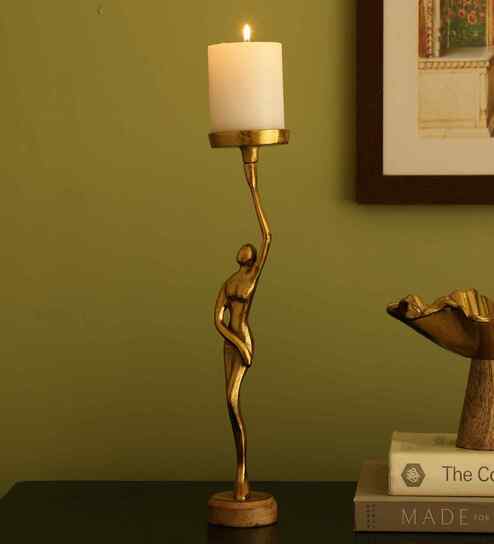 Decorative Aluminium Lady Candle Holder Showpiece With Wooden Base