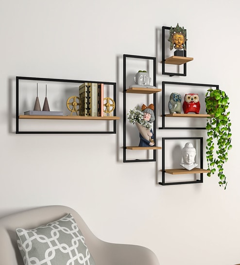 Decorative Metal Framed Wall Shelves In Urban Motif Set Of 5