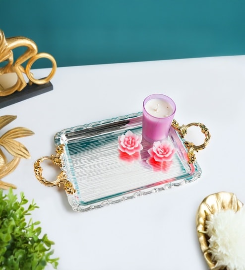 market 99 Silver & Gold Rectangular Iron Decorative Tray With Dual Handles-picture-16