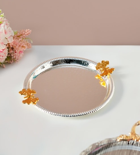 Silver & Gold Iron Decorative Tray With Dual Handles-image-19