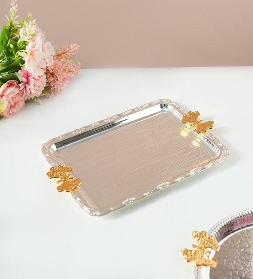 Silver & Gold Iron Decorative Tray With Dual Handles-image-20
