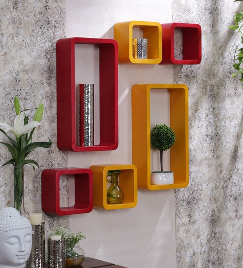 Buy Cubic Modular Wall Shelf Set Of 6 In Red Yellow Finish By