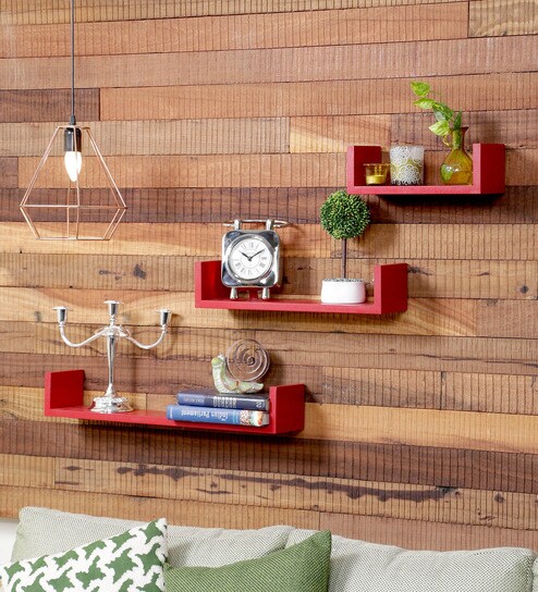 Buy Floating Wall Shelf Set Of 3 In Red Finish By Decornation